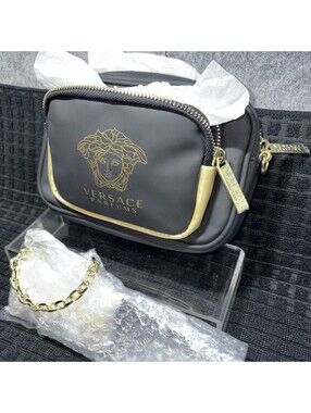 Versace Pouch to Crossbody Bag Purse Handbag Gold Medusa Logo Chain Strap